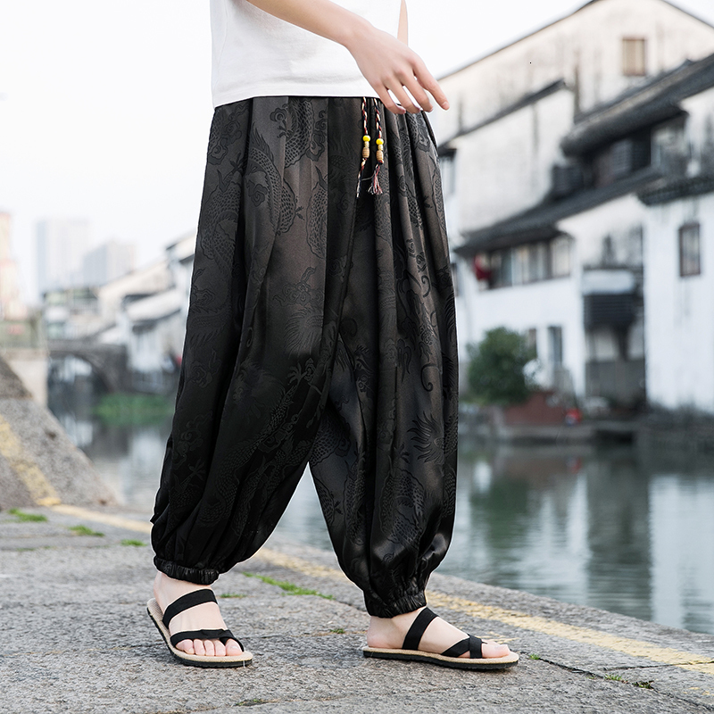 Men's Pants Ice Silk Dragon Pattern Dark Flower Men's Beach Bloomers Retro Casual Wide-leg Pants Harajuku Fashion Hip-hop Jogging Pants 2303