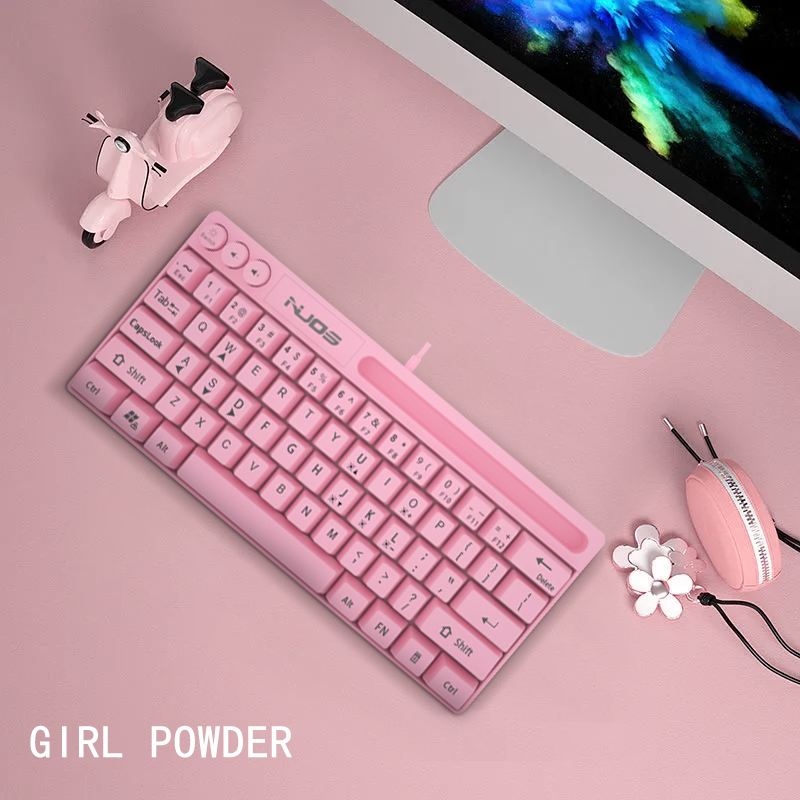 NUOS 64 Keys Pink Keyboard USB Color Backlit Wired Office Portable Mini Keypad Phone Holder Gamer Keyboard for Laptop PC