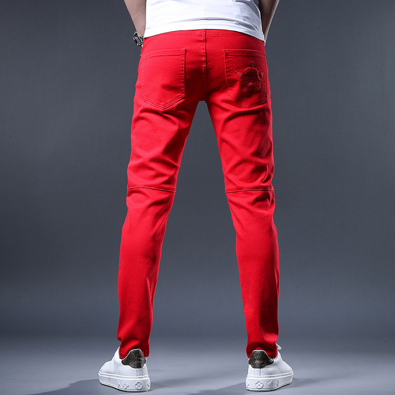 Men's Jeans Yellow Red White Jeans Men Fashion Slim Fit Straight Pants Summer Streetwear Ripped Patch Denim Trousers 230316