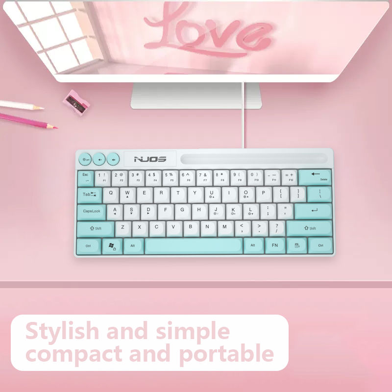 NUOS 64 Keys Pink Keyboard USB Color Backlit Wired Office Portable Mini Keypad Phone Holder Gamer Keyboard for Laptop PC