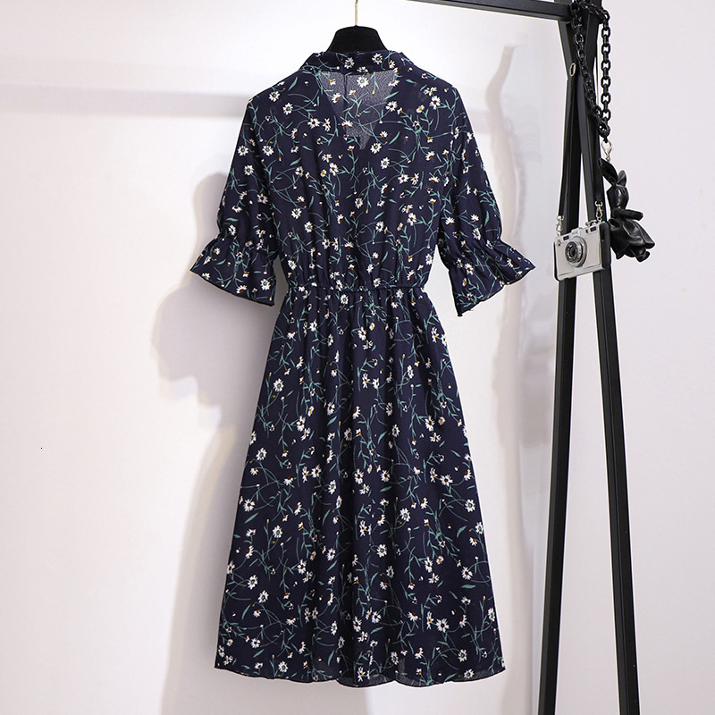 Casual Dresses 150Kg Plus Size Women's Bust 150 Summer Loose Temperament V-Neck Tie Short Sleeve Floral Chiffon Dress 5XL 6XL 7XL 8XL 9XL 230316
