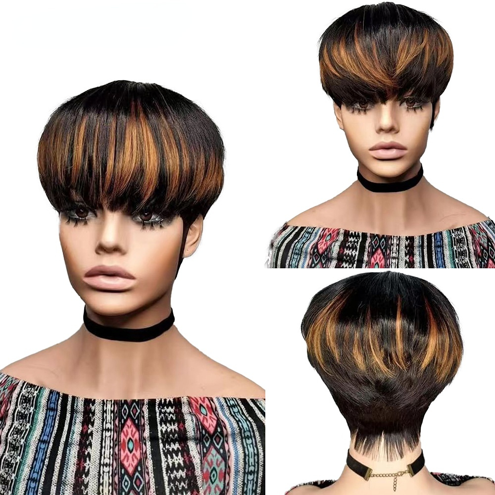 

Ombre Highlight Short Bob Pixie Cut Wigs For Black Women Straight Honey Blonde Brazilian Remy Hair Full Lace Front Wig With Bangs, Customize