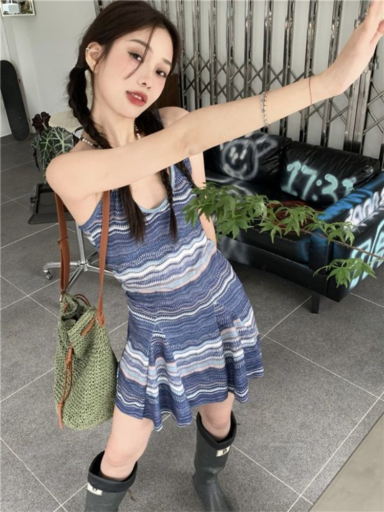 Casual Dresses Vintage Striped Dresses Women Summer Y2k Chic Mini Casual sweet Girls Punk Kpop Streetwear Spaghetti Strap Vestido Sexy Mujer 230316