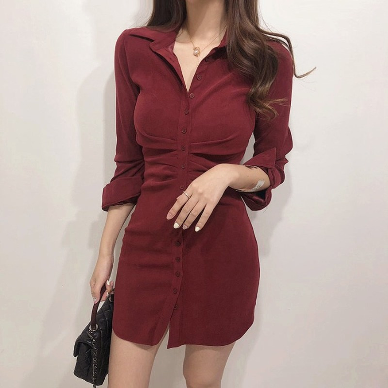 Casual Dresses Slim OL Retro All-match Temperament Pink Lapel Single Breasted Wrap Hip Dress Mini Slim High Waist Solid Vestido Mujer Shirts 230316