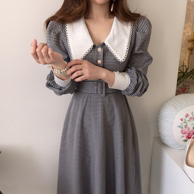 Casual Dresses Korean Chic Temperament Single-breasted Lapel Plaid Dress Sashes Slim High Waist Puff Long Sleeve Vestido Feminino Elegant Fall 230316