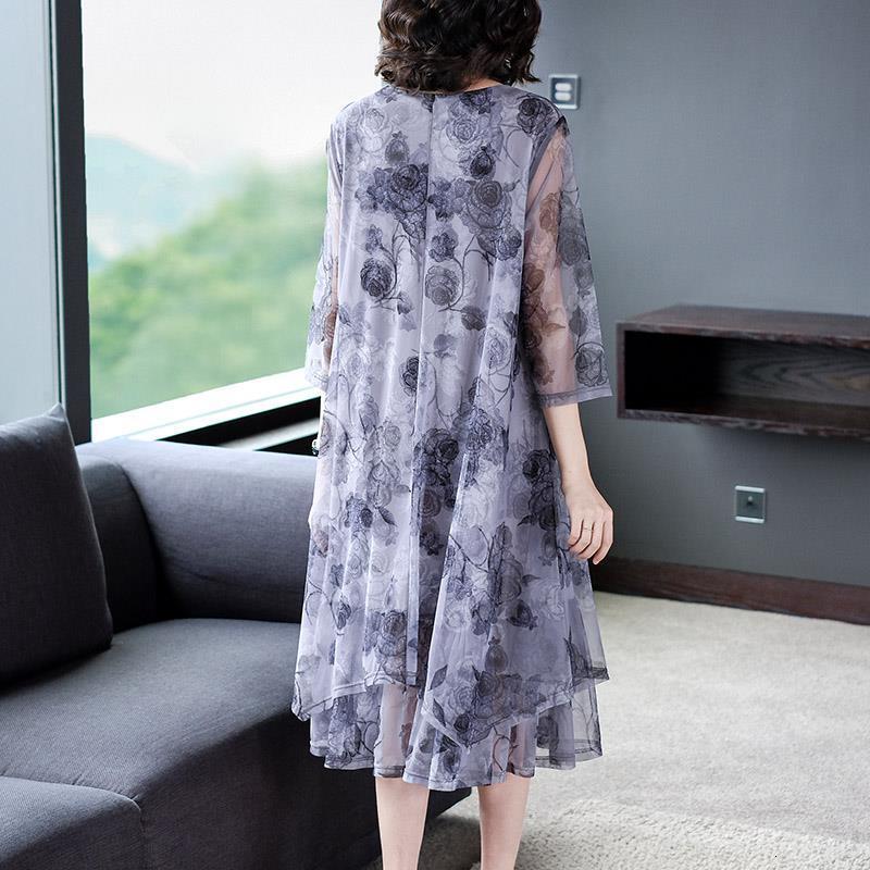 Casual Dresses Elegant Fashion Floral Printing Dresses Summer Three Quarter Sleeve Round Neck Loose Pullover Midi Dress Women Clothing 230316