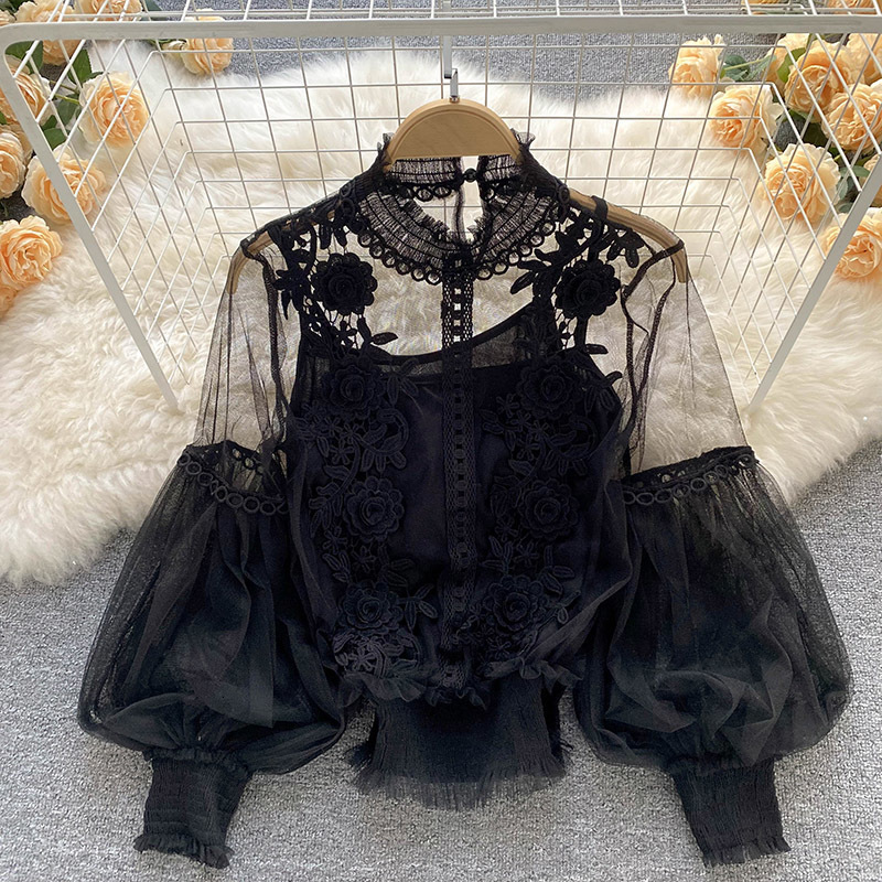 Women's Blouses Shirts lace puff long sleeve blouse vintage fashion blouses elegant femme blusas korean woman tops women shirts clothing drop 230