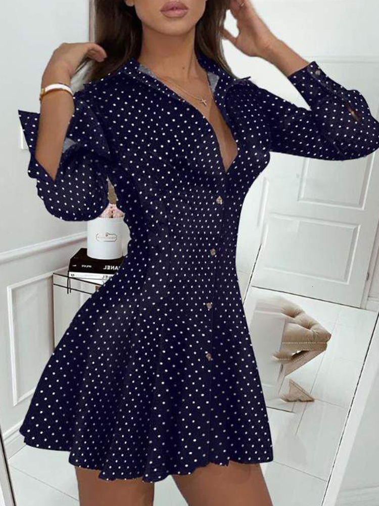 Casual Dresses Dot Print Pleated Skater Dress Women Long Sleeve Turn Down Collar Elegant Mini Dress Ladies Casual Short Dress Workwear 230316