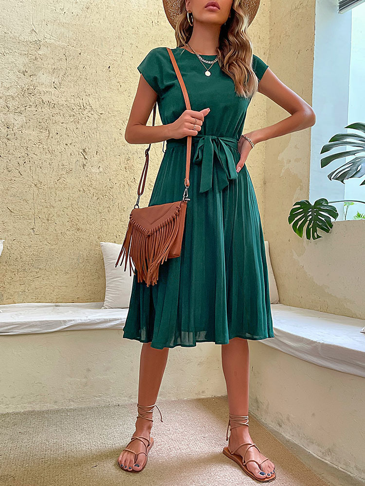 Casual Dresses JIM NORA Elegant Women Summer Casual Beach Sundress Short Sleeve Pleated Midi Dress Soild Colour O Neck Tunic Dresses Fashion 230316
