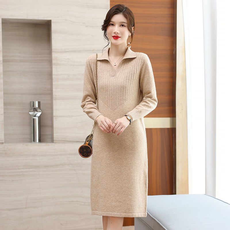 Casual Dresses Oversize Women Knitting Sweater Dress For Spring Autumn Casual Turn Collar Pullover Solid Patchwork Slim Female Dresses 230316