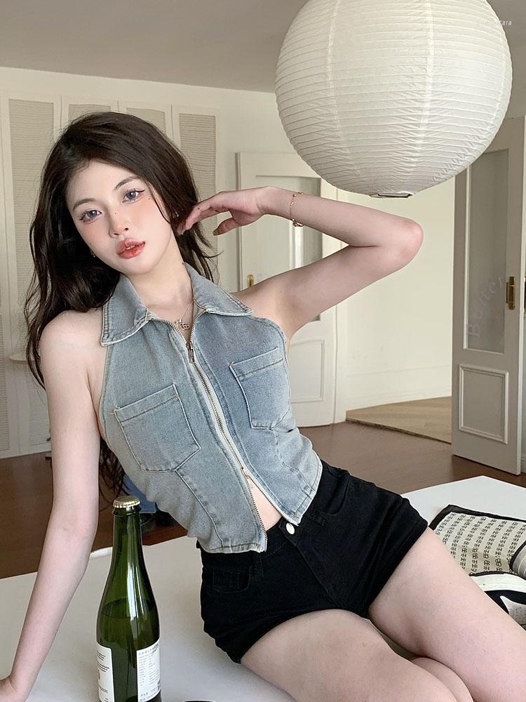 Women' Tanks Summer Sexy Halter Collar Sweety Backless Basic Denim Vest Top Fashion Sleeveless Slim Vintage Zipper Tank Tops For, Blue
Women' Tanks Summer Sexy Halter Collar Sweety Backless Basic Denim Vest Top Fashion Sleeveless Slim Vintage Zipper Tank Tops For, Blue