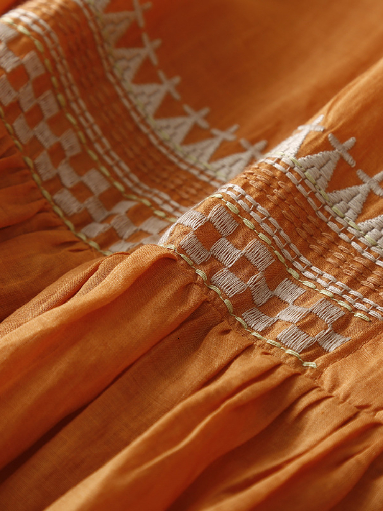 Casual Dresses Summer Women's Cotton and Linen Dress Ethnic Style Embroidery Temperament Round Neck Midi Skirt Loose and Casual 230316