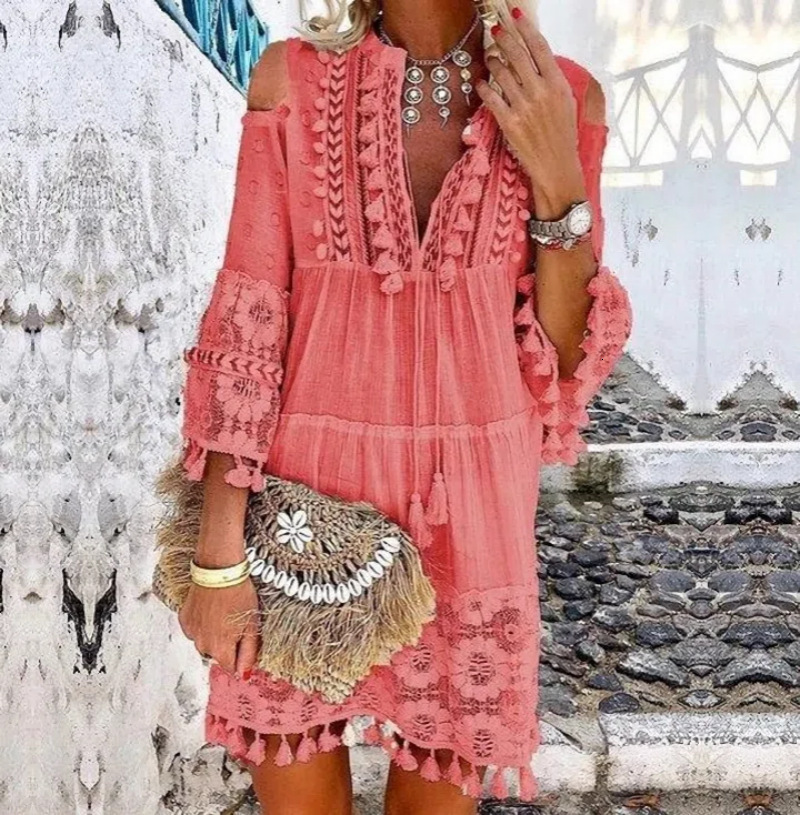 Casual Dresses Summer Tassel Boho Dress Women V Neck Seven Sleeve Loose Fit Beach Wear Femme Holiday Bohemian Chic Short Dresses 230316