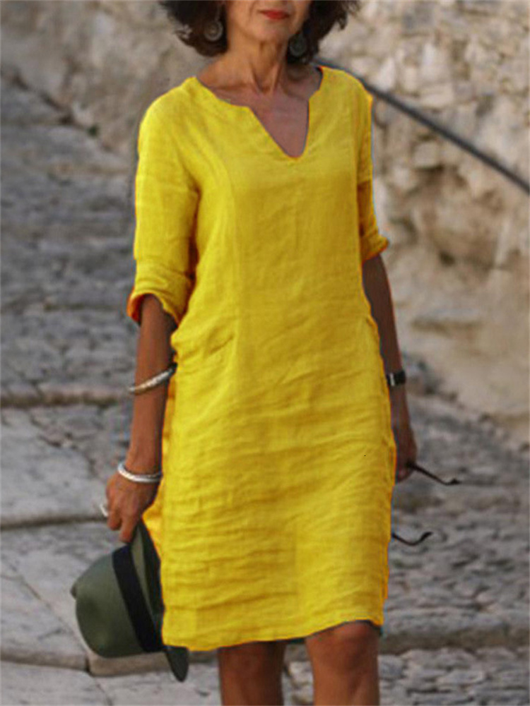 Casual Dresses Eotvotee Cotton Linen Dress 3 Quarter Vintage Casual V Neck Loose Waist Midi Beach Dress Women Clothing Green Blue Yellow Robe 230316
Casual Dresses Eotvotee Cotton Linen Dress 3 Quarter Vintage Casual V Neck Loose Waist Midi Beach Dress Women Clothing Green Blue Yellow Robe 230316