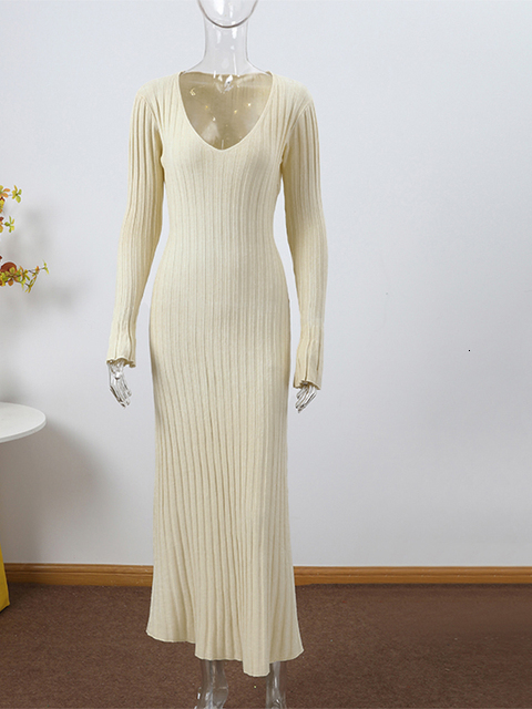 Casual Dresses Women Knitted Long Dress Autumn Winter Elegant Pleated A-line Midi Dresses Female V-neck Casual Ladies Ribbed Maxi Robe 230316