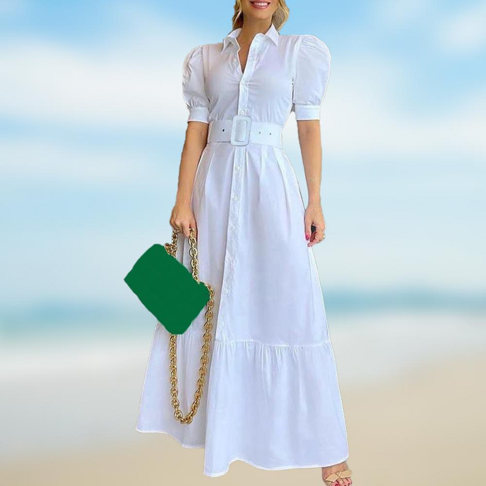 Casual Dresses Simple Maxi Dress Ladies Long Dress Belt Solid Color Pure Color High Waist Dress 230316