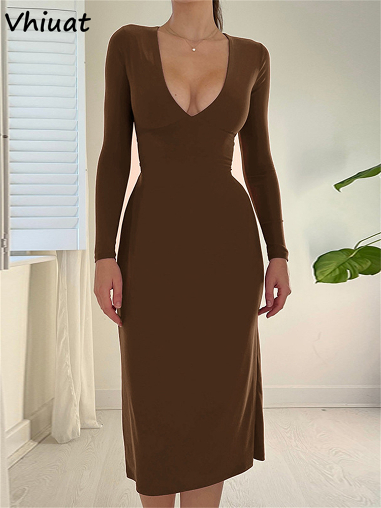 Casual Dresses Vhiuat Women Casual Long Sleeve V Neck Bodycon Midi Dresses Office Ladies Black Elegant Autumn Winter Dress Party Club Evening 230316