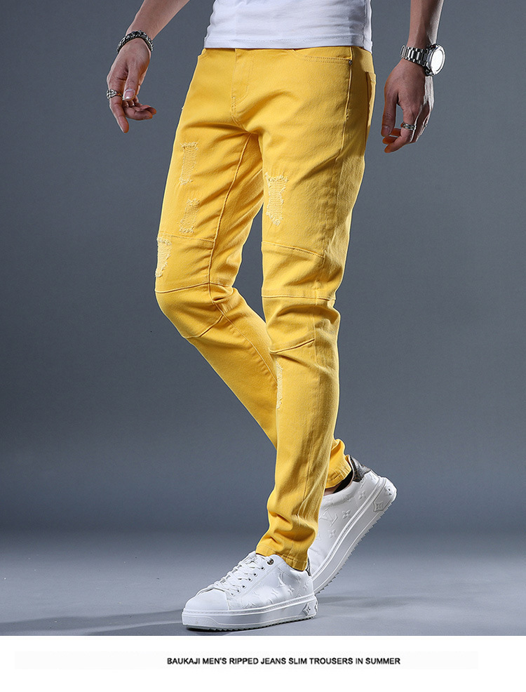 Men's Jeans Yellow Red White Jeans Men Fashion Slim Fit Straight Pants Summer Streetwear Ripped Patch Denim Trousers 230316