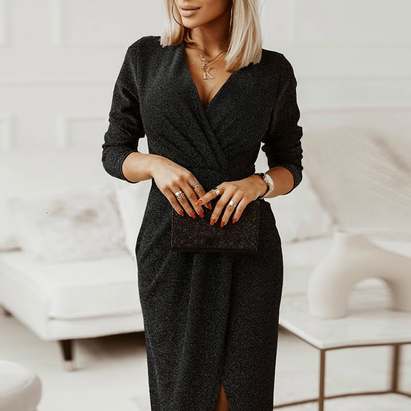 Casual Dresses Fashion Bronzing Wrap V-Neck Autumn Dress High Waist Drape Hem Asymmetric Dress Solid Long Sleeve Split Women Sexy Dress Vestido 230316