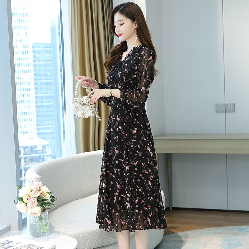Casual Dresses Woman Dress Summer Autumn Long Sleeve Small Floral Chiffon Dress Vestido De Mujer 230316