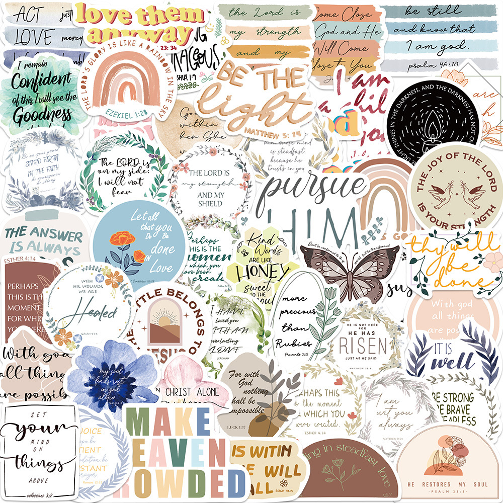 50Pcs Wholesale Bible Phrase Stickers Waterproof Sticker For Luggage Laptop Guitar Skateboard Notebook Water Bottle Phone Case Car Decals, Multi-color
50Pcs Wholesale Bible Phrase Stickers Waterproof Sticker For Luggage Laptop Guitar Skateboard Notebook Water Bottle Phone Case Car Decals, Multi-color