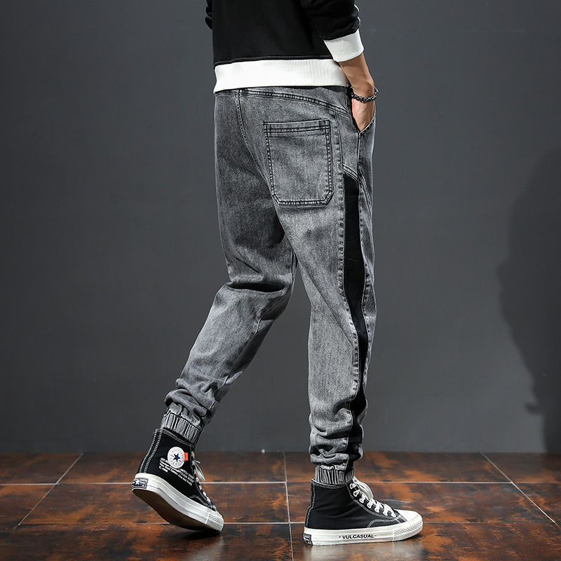 Men's Jeans Mens Jeans Spring Grey Denim Pants Joggers Stretch Baggy Washed Side Patchwork Elastic Wiast Men Jeans Homme 230316