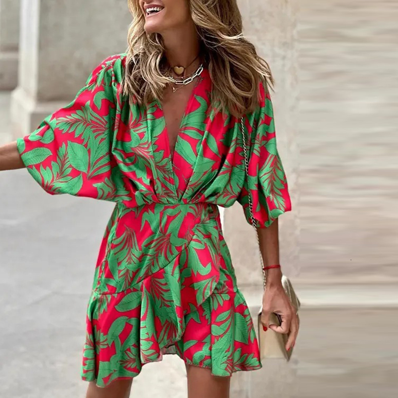 Casual Dresses Women Deep V Button Print Loose Beach Dress Fashion Flared Sleeve Pleated Midi Party Dress Summer Casual Street Pullover Dresses 230316