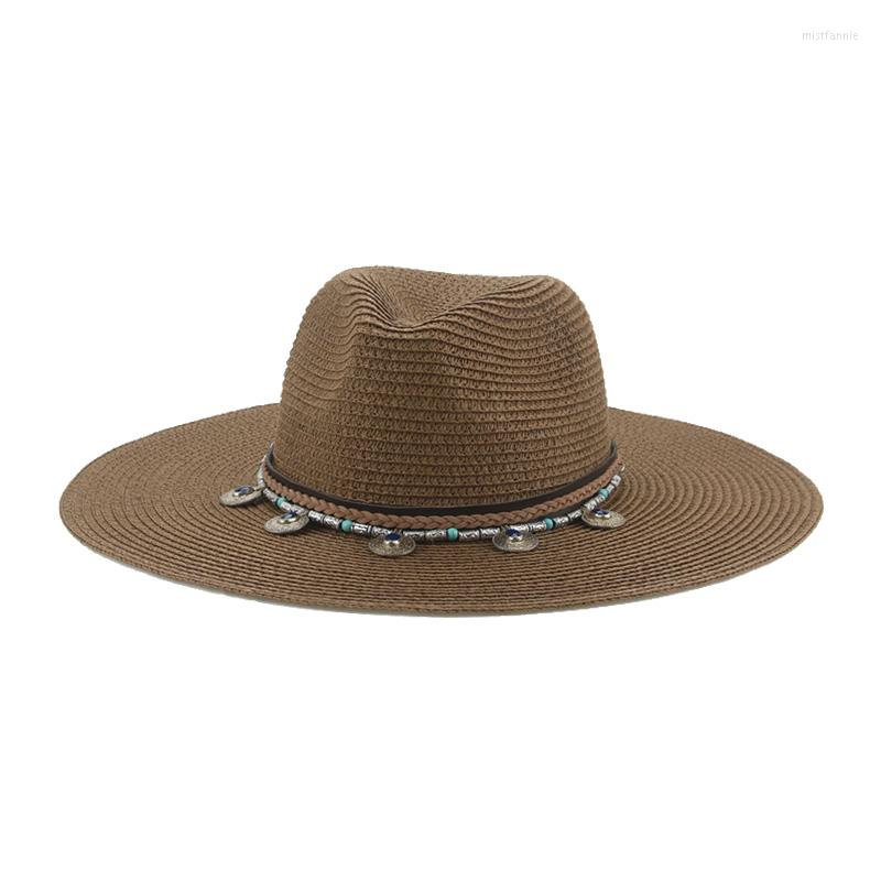 

Wide Brim Hats Sun Women's Hat Big 11cm Solid Khaki Coffee Panamas Beach Protection Belt Men Caps Straw Sombreros De Mujer, 10