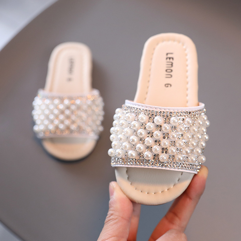 Slipper Girls Summer Slippers Slides for Outdoor Swimming Indoor Bath House Casual Beach Shoes Pearls Beading for Toddlers Kids Children 230316