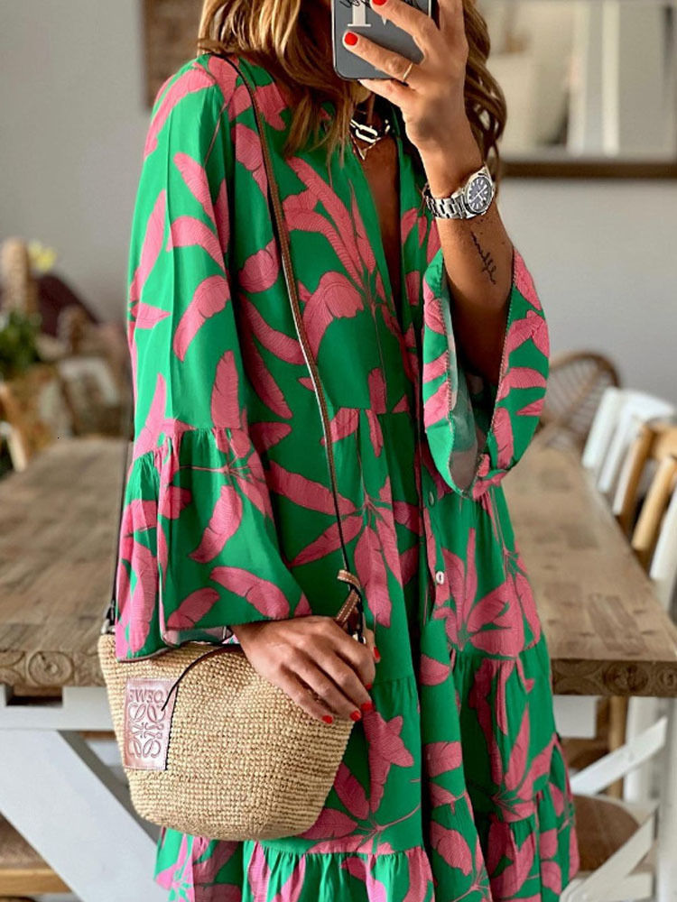 Casual Dresses Women Deep V Button Print Loose Beach Dress Fashion Flared Sleeve Pleated Midi Party Dress Summer Casual Street Pullover Dresses 230316