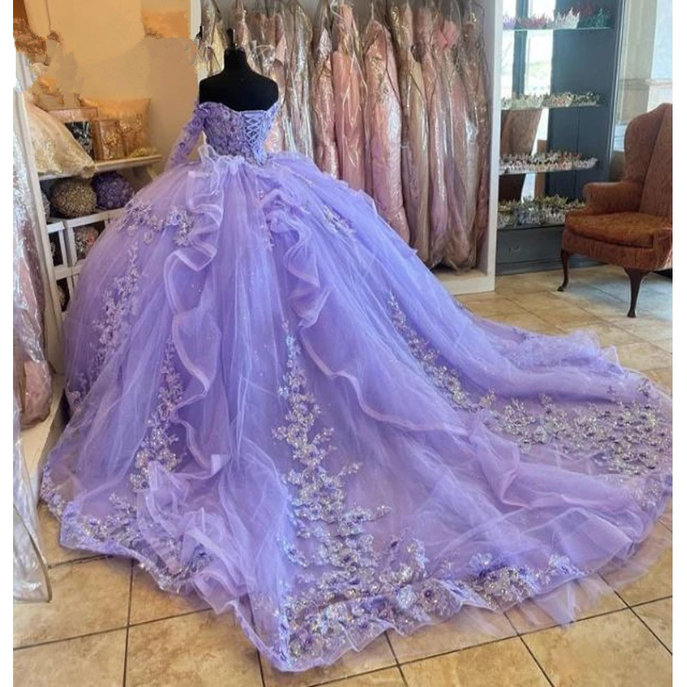 Lilac Quinceanera Lavender Dresses Long Sleeve D Wers Appliques Lace Up Prom Sweet Princess Dresse Vestidos De Anos
