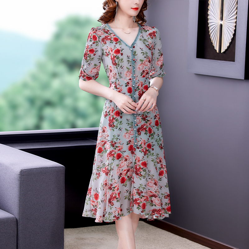 Casual Dresses Vintage Casual Print Chiffon Beach Dress Summer Red Floral Natural Silk Midi Dresses Women Elegant Bodycon Party Vestidos 230316
