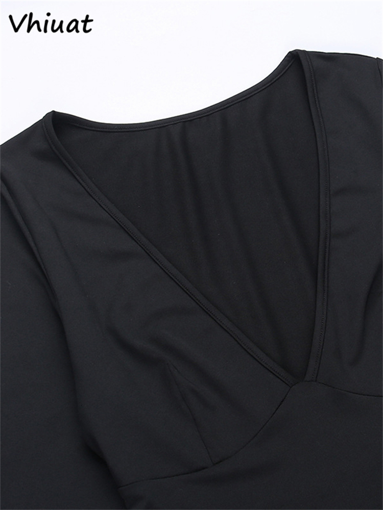 Casual Dresses Vhiuat Women Casual Long Sleeve V Neck Bodycon Midi Dresses Office Ladies Black Elegant Autumn Winter Dress Party Club Evening 230316