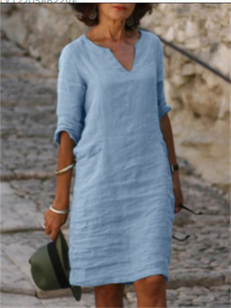 Casual Dresses Eotvotee Cotton Linen Dress 3 Quarter Vintage Casual V Neck Loose Waist Midi Beach Dress Women Clothing Green Blue Yellow Robe 230316