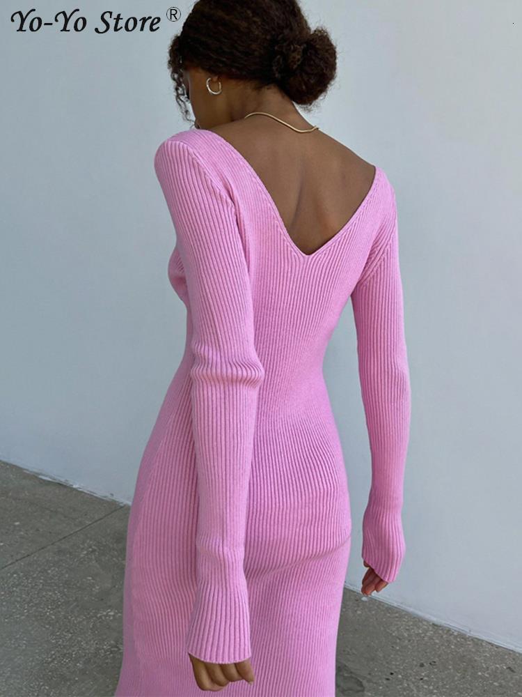 Casual Dresses Knit V-Neck Flared Sleeve Dress Women Solid Sexy Elegant Loose Long Female Dresses Autumn Casual Solid Ladies Vestidos 230316
