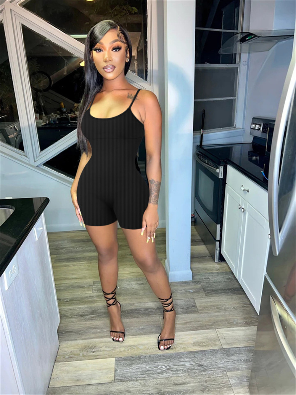 2023 Designer Sexy Ribbed Rompers Summer Women Sleeveless Spaghetti Straps Jumpsuits with chest pads Casual V Neck Bodycon Playsuits Overalls Wholesal