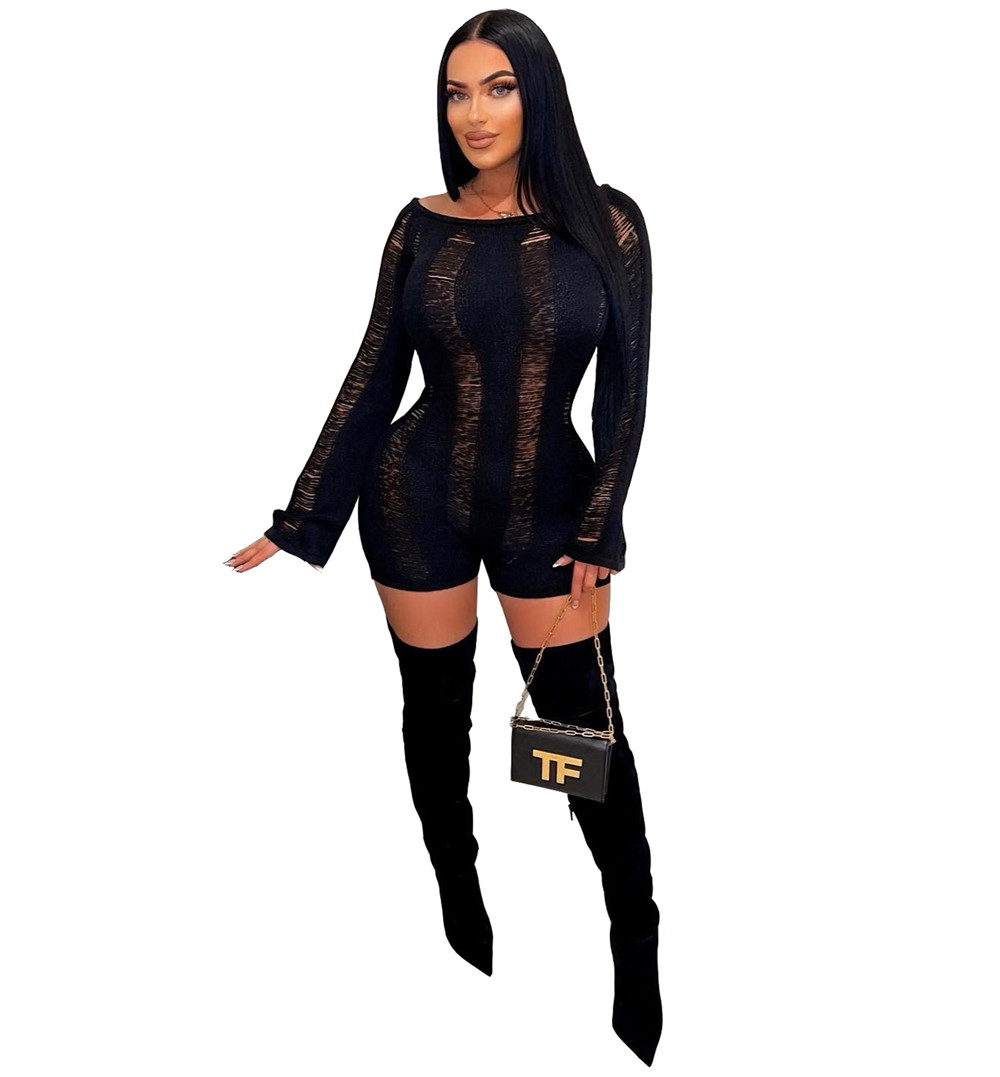 Wholesale Sexy Backless Knitted Short Jumpsuit Long Sleeve See Throught Rompers Night Club Outfits Women Clothing 9472