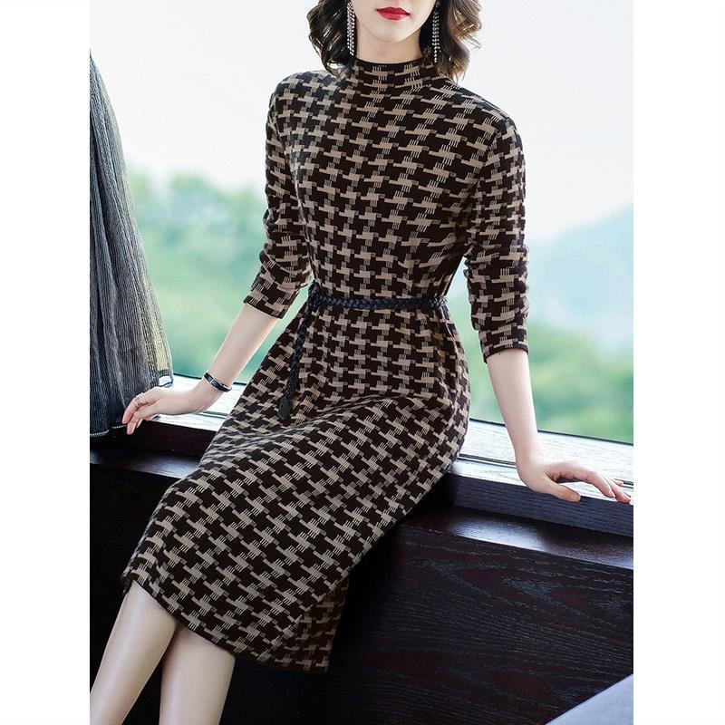 Casual Dresses Casual Dress For Women Female Knitting Clothes For Srping Autumn Turtleneck Plaid Thicken Slim Knee-Length Bottom Vestidos 230316