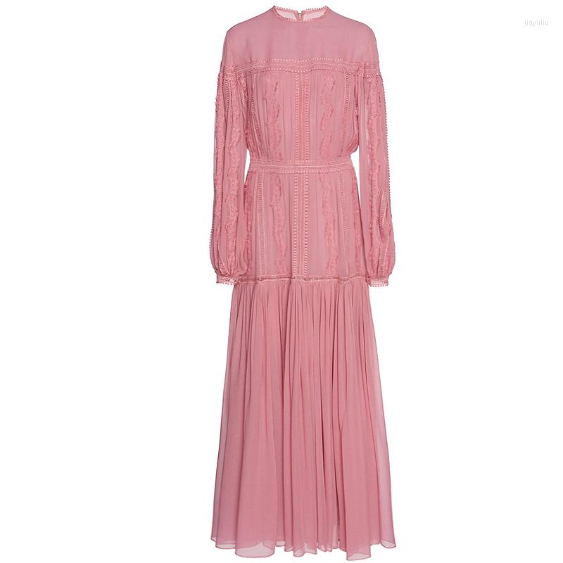 Casual Dresses High Quality 2023 Fashion Pure Color Chiffon Lace Stitching Lantern Type Long Sleeve Round Neck Slim Temperament Woman Dress, Pink 
Casual Dresses High Quality 2023 Fashion Pure Color Chiffon Lace Stitching Lantern Type Long Sleeve Round Neck Slim Temperament Woman Dress, Pink
