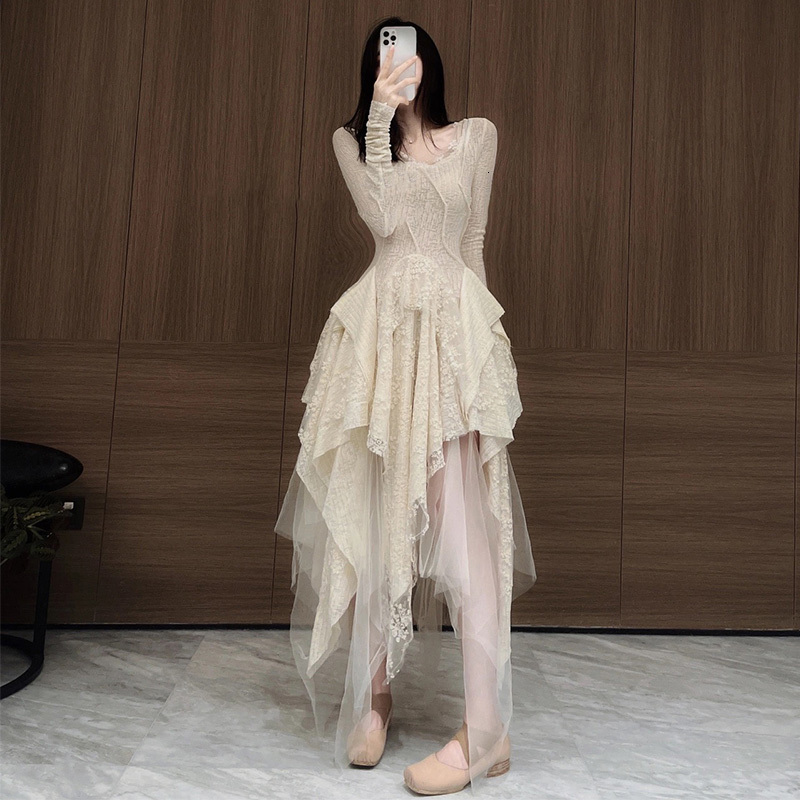 

Casual Dresses Spring Summer Gothic Style Boho Dress O-neck Long Sleeve Lace Splicing Irregular Layered Long Dress Vestidos 230316, Beige