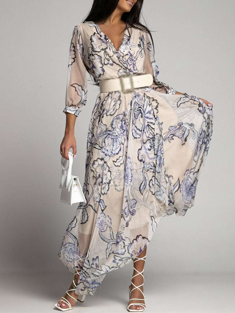 Casual Dresses Lady Elegant Summer Boho Print Irregular Long Dress Fashion Half Sleeve V Neck Chiffon A Line Dress Casual Office Women Dresses 230316