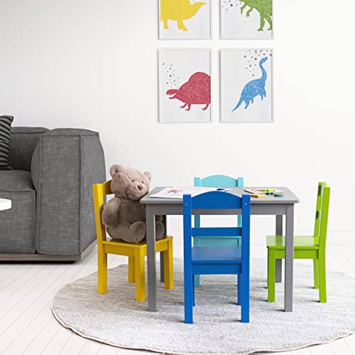 Humble Crew Grey/Blue/Green Yellow Kids Wood Table and 4 Chairs Set carp fishing chair