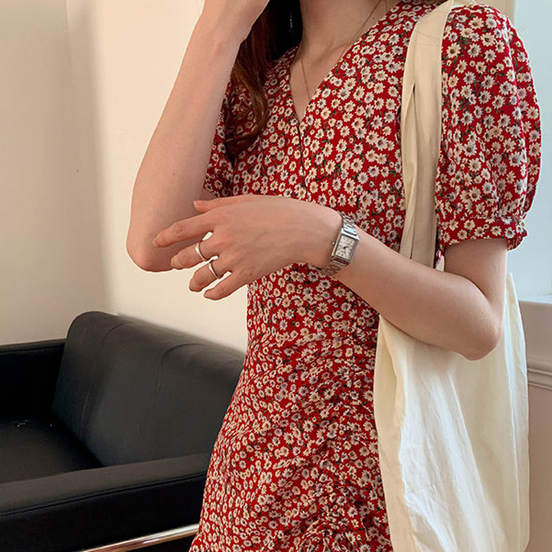 Casual Dresses Short Sleeve Dress Women Sweet Vintage Casual Elegant Ins Shirring Printed Floral Puff Sleeves Drawstring V-neck Vestido College 230316