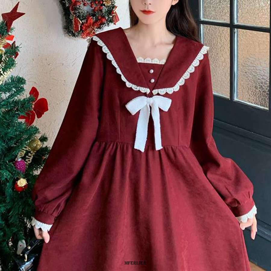 Casual Dresses Size 6XL 150KG Winter Dress For Women Long Sleeve Loose Vintage Dresses Ladies Casual Large Bow Neck Red Black Sweet Dresses 230316