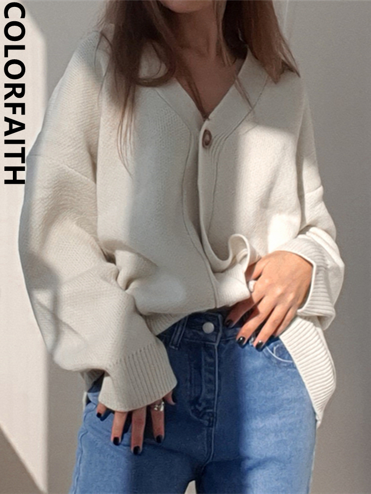 Women' Knits Tees Colorfaith V-Neck Buttons Cardigans Oversized Fashionable Korean Lady Winter Spring Women' Sweaters Knitwears SWC18190 230316, Beige 
Women' Knits Tees Colorfaith V-Neck Buttons Cardigans Oversized Fashionable Korean Lady Winter Spring Women' Sweaters Knitwears SWC18190 230316, Beige