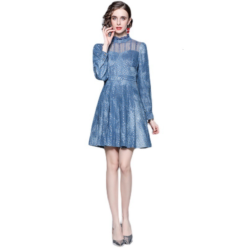 Casual Dresses Princess Dress Spring Stand Collar Long Sleeve Perspective Mesh Piece Receive Waist Puffy Big Swing Pentagram Denim Dress 230316