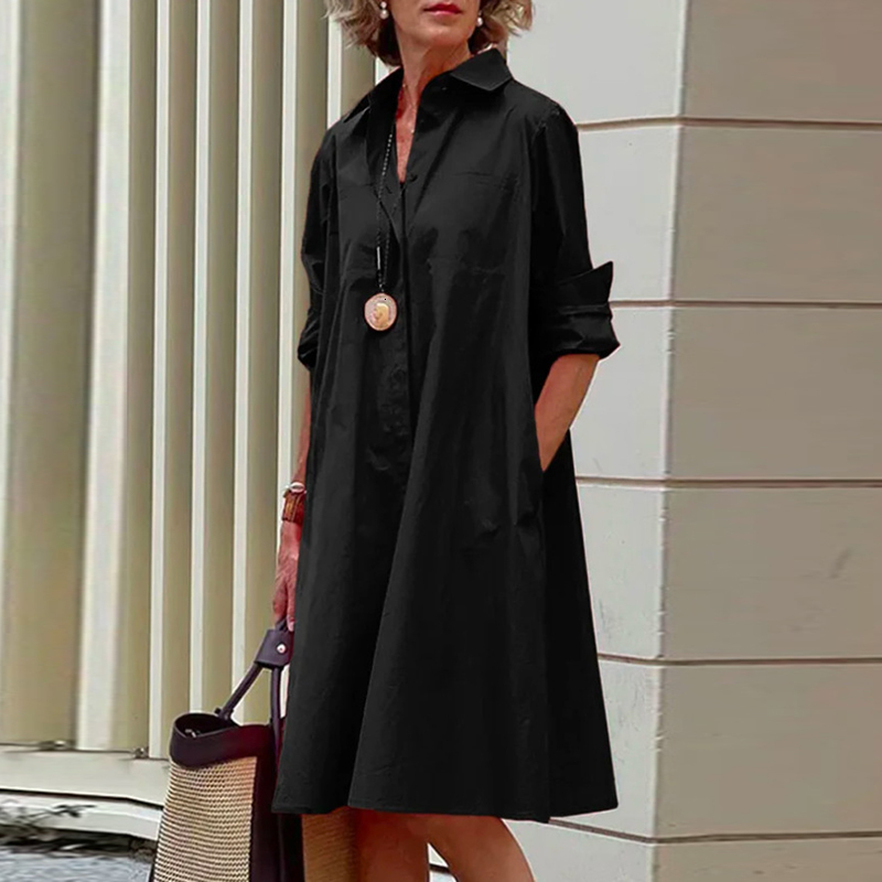 Casual Dresses Women Solid Shirt Dress Summer Fashion Casual Turn-down Collar Pocket Long Sleeve Midi Dresses Female Sexy Dot Dresses Vestidos 230316