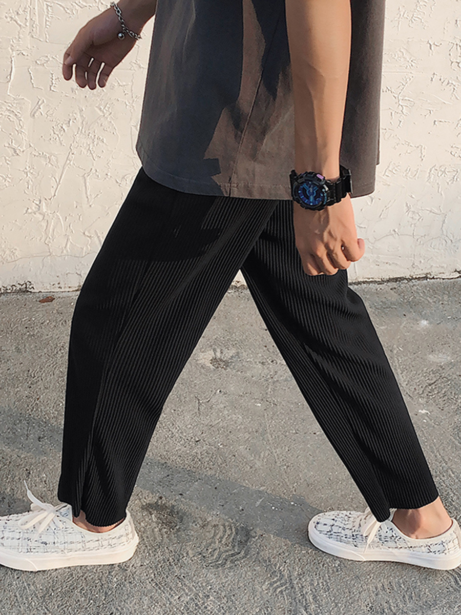 Men's Pleated Straight Pants Elastic Waist Casual Streetwear Loose Trousers Twill Grey Spring Summer