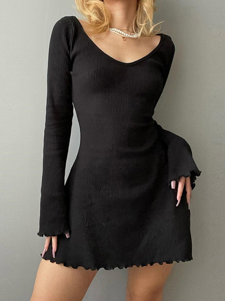 Casual Dresses Solid U Neck Backless Sexy Mini Dress Y2K A-Line Flared Long Sleeves Knitted Dress Women Basic Autumn Winter Streetwear Chic 230316