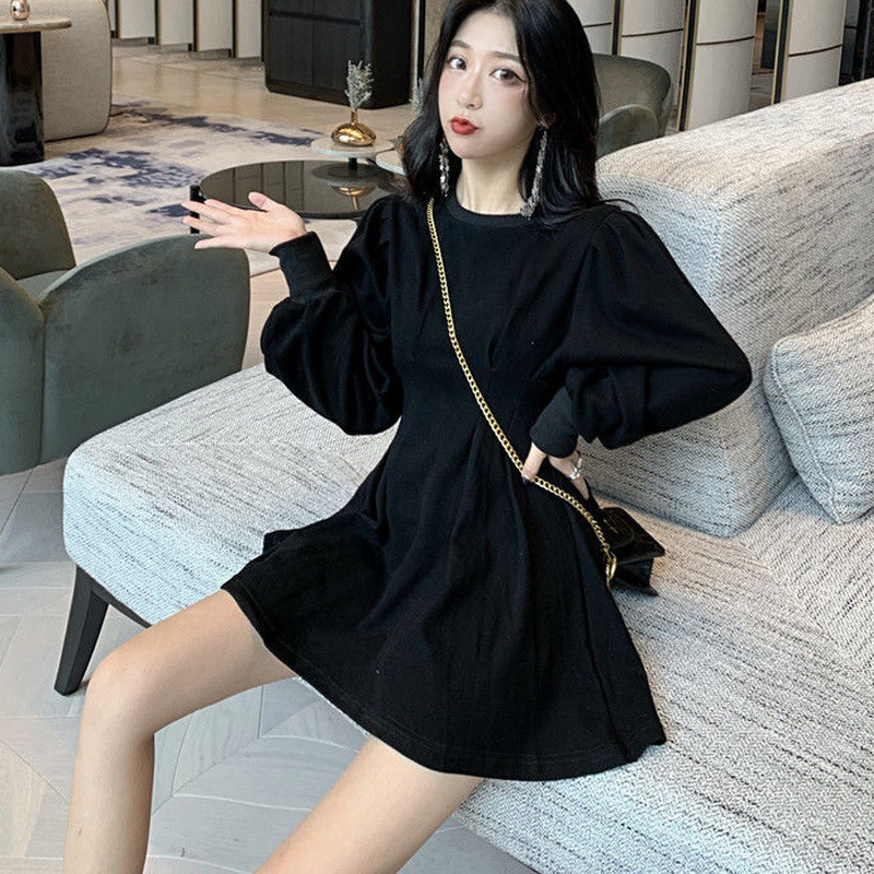 Casual Dresses Women Mini Dresses Puff Sleeve Solid Pleated Gentle Temper Fashion Korean Style Sweet Streetwear Leisure A-line Slim Elegant 230316